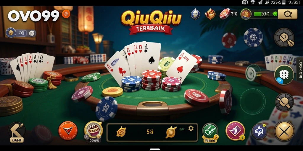 Screenshot OVO99 menampilkan aksi seru dalam permainan QiuQiu.