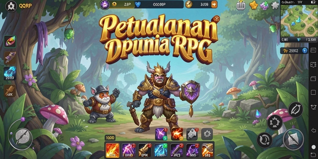 Tangkapan layar utama QQRP menampilkan aksi pertempuran seru dalam dunia RPG yang luas.