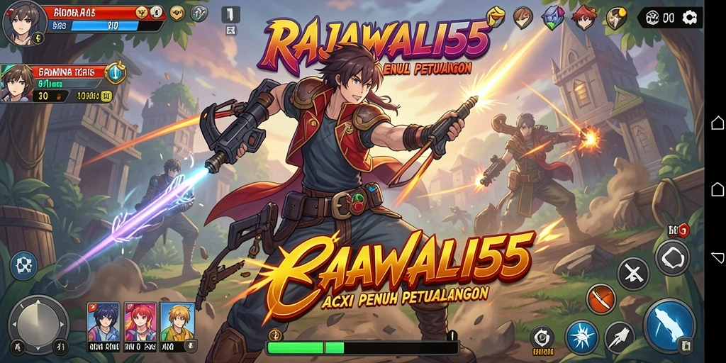 Screenshot menampilkan aksi seru dalam RAJAWALI55 dengan karakter Anime yang dinamis.