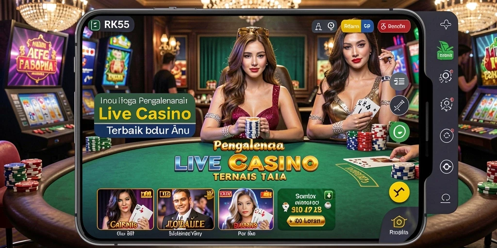 Screenshot RK55 menampilkan dealer langsung di tengah permainan Live Casino.