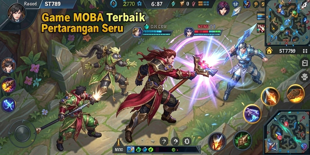 Screenshot gameplay ST789 menampilkan pertarungan seru antara tim di arena.